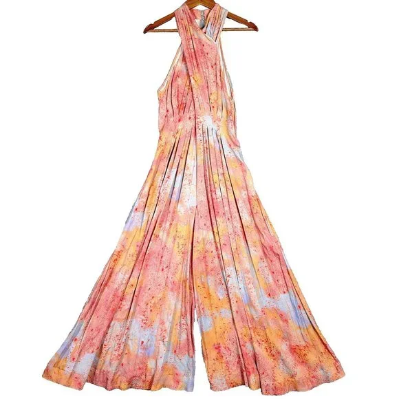Free People Seduction Jumpsuit Women's S Multicolor Tie-Dye Halter Neck Wide Leg - Picture 1 of 15